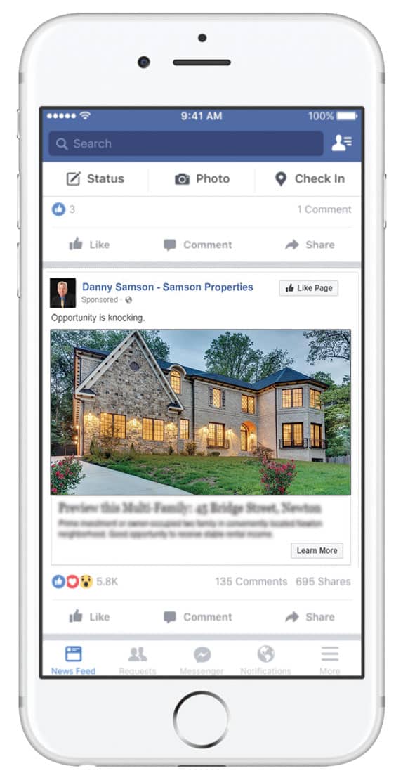 BoldTrail Facebook property ad displayed on a mobile phone